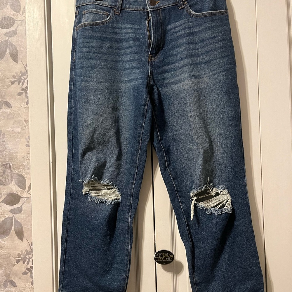 SO Women's Blue Distressed Straight Leg Jeans